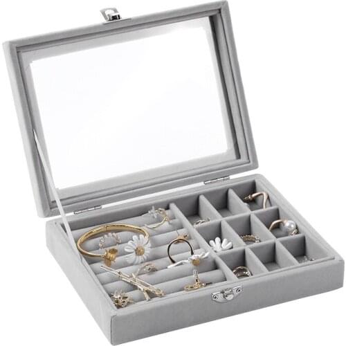 Flannel Velvet Jewelry Organizer Box Earrings Rings Transparent Glass Cover Visible Display Storage