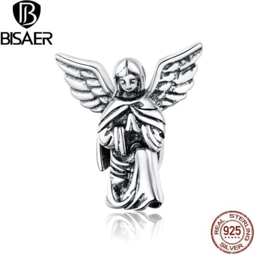 BISAER Female Wish Ange Charms 925 Sterling Silver Wings of Angels Enamel Bead Pendant For Bracelets Necklace Jewelry EFC314