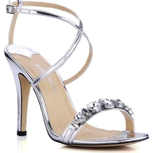 Popular silver High heels sandals Shining diamond Cross thin belt Womens bride Wedding Shoes Evening sandals pumps