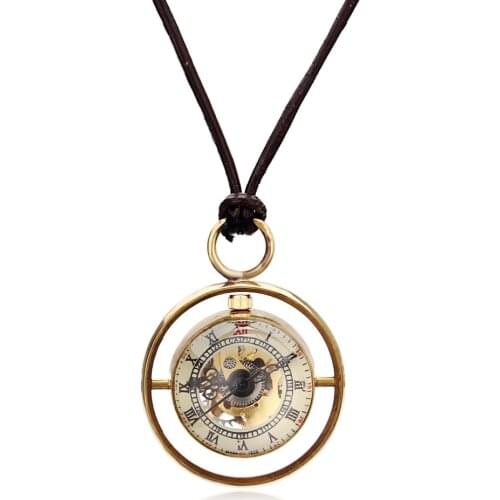 Luxury Bronze Tone Case Transparent Round Ball Mechanical Hand Wind Pocket Watches W/Necklace Leather Chain Men Women Watch