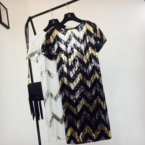 Spring Summer Dress Women New Fashion Slim Wave Full Body Glitter Stripe Sequins Dress Girl Students Party Vestidos Nancylim