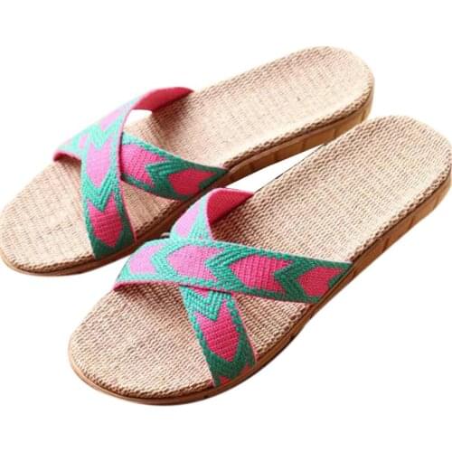 Womens Summer Arrow Linen Slippers Outside Pink Beach Flax Slippers Women Slides Girls Sandals Home Indoor Shoes Flip Flops