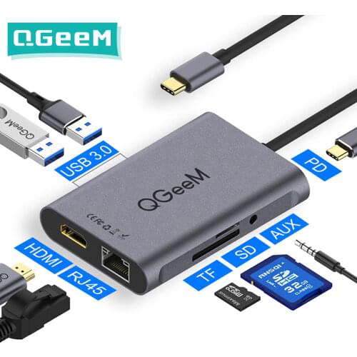QGeeM 8 In 1 USB C Hub for Macbook Pro USB Hub 3.0 Adapter PD HDMI RJ45 TF SD 3.5mm Aux Type C Hub for iPad Pro Splitter Dock