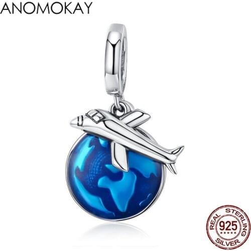 Anomokay 100% 925 Sterling Silver Travel Around World Plane Charm Pendant fit Bracelet & Necklaces S925 Dark Blue Globe Dangles