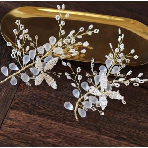 2pcs Ladies Girls Korean golden white hair flower Beaded women hair clips ornament bride wedding hair accessories wedding tiara