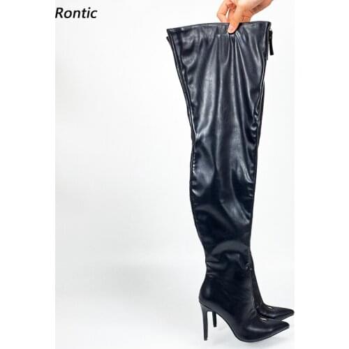 Rontic Handmade Women Winter Thigh Boots Front Zipper Sexy Stiletto Heels Pointed Toe Black Night Club Shoes US Size 5-15