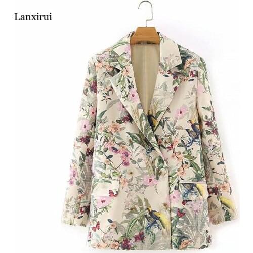 Women Autumn Fashion Flower Print Double Breasted Long Blazers Stylish Lady Double Pockets Streetewear Womens Outwear