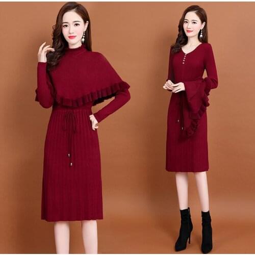 Women Knitted Two Piece Set Female Solid Bodycon Dresses and Long Sleeve Knit Pullover Suits Ladies Streetwear Clothing Set Q101