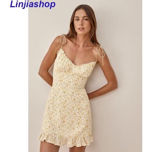 Women Chic Fashion With Floral Print Mini Dress Vintage Ruffled Spaghetti Straps Lining Female Dresses Mujer