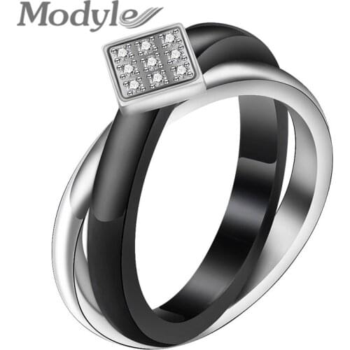 Modyle 2 layers Black/White Ceramic Crystal Wedding Rings Jewelry Silver Color Stainless Steel Rhinestone Engagement Ring Woman