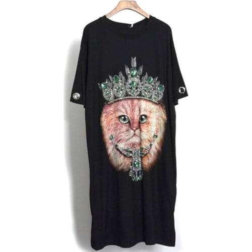 QING MO 2021 Summer New Women Cat Rhinestone Dress 2021 Women Short Sleeve Loose Dress Female Blavk T Shirt Dress ZQY6811