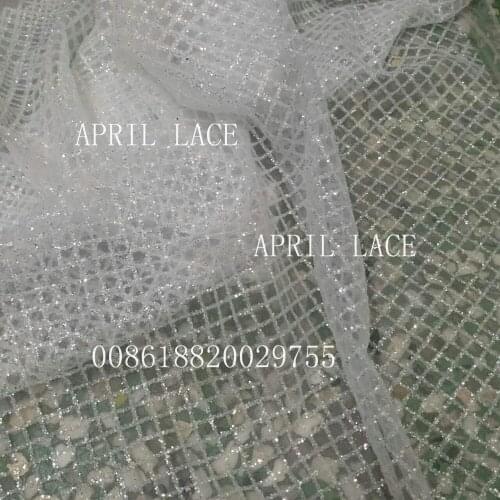 5yards HLL0993 new crystal white grid print glitter african india mesh fabric for wedding/evening dress fast shipping by dhl
