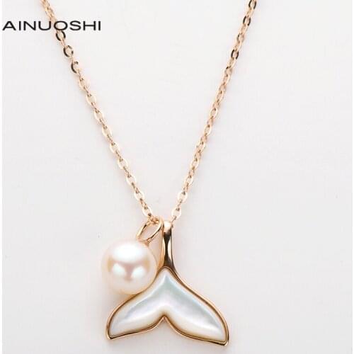 AINUOSHI 18K Rose Gold Natural Pearl White Mother-of-Pearl Whale Tail Charm Pendant Necklace For Women Trendy Jewelry 18