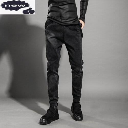 High Drawstring Trousers Men Pocket Casual Slim Fit Cotton Stretch Denim Pencil Street Hip Hop Black Pants 29-34