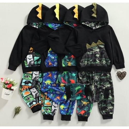2-7Years Infant Kids Baby Girls Boys Dinosaur Outfits Long Sleeve Hooded Coats Tops Pants Spring Autumn Clothes