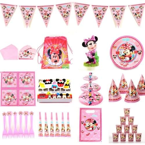 Minnie Mouse Girls Happy Birthday Party Decoration Tableware Set Wedding Party Supplies Cup Plate Banner Straw Loot Bag Favors