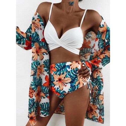 Swimsuit Three Pieces Women Floral Printed Sexy Bikini Push-Up Padded Swimwear Ruffle Swimsuit High Waist Beachwear купальник
