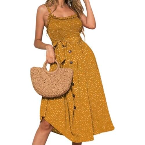 Summer Women Sling Dress Spaghetti Straps Ruffle Polka Dots Print Buttons Low Cut Midi Dress Sexy Ladies Party Dress Sundress