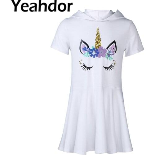 Summer Kids Girls Casual Dresses Daily Wear Workout Tennis Hooded Hoodie Short Sleeves Cartoon Horse Print Ruffle Hem Dress