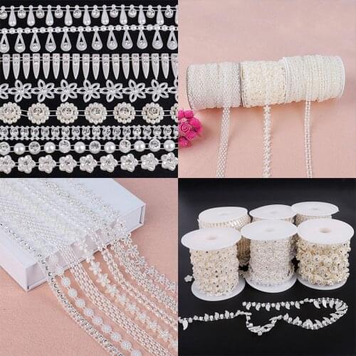 Fashion 1M/bag ABS Imitation Pearl Beads Chain Trim with Crystal Rhinestone for DIY Wedding Party Decoration Craft Supplies