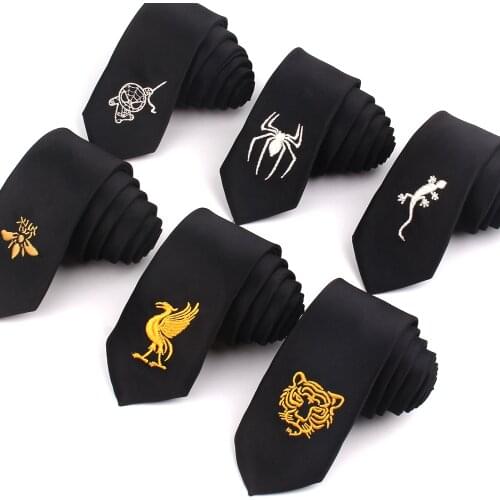 Animal Embroidery Ties For Men Wome Black Skinny Tie Casaual Mens Neckties Funny Tie Fashion Slim Necktie For Wedding Party
