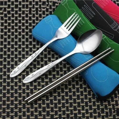3pcs/ Set Dinnerware Portable Printed Stainless Steel Spoon Fork Steak Knife Set Travel Cutlery Tableware With Bag