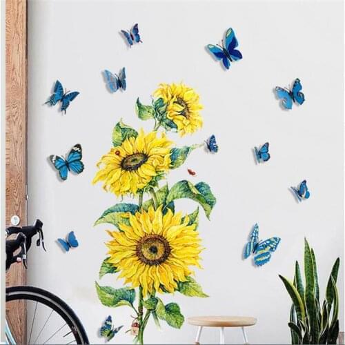 Sunflower Wall Sticker 3D Color Three Dimensional Butterfly Personality Creativity For Living Room Bedroom Background Decoration