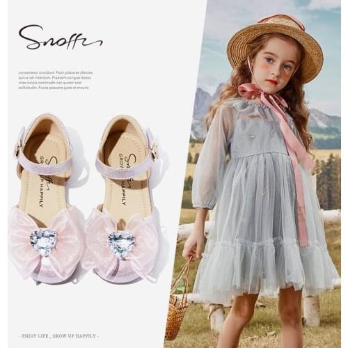 Spring Girls Shoes Rhinestone Bow Children Princess Shoes Flat Leather Sandals Crystal Single Shoes For Girls KS701