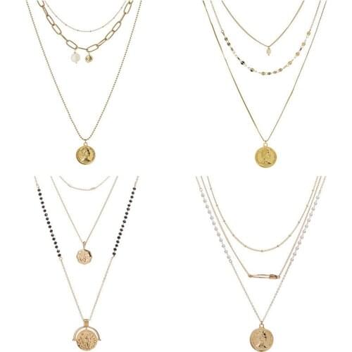Multilayer Necklace for Women Elizabeth Coin Pearl Map Pendant Necklace Women Chain Gold Necklace Bohemia Jewelry Wholesale