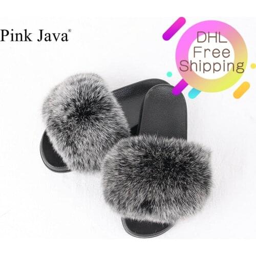 Pink java NEW ARRIVA summer women shoes real fox fur slipper girl luxury indoor slides flats fluffy big fox sandals wholesale