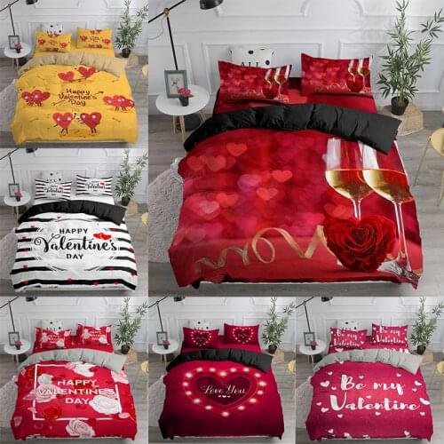 Happy Valentines Day Bedding Set For Couple Lover Heart Shape Romantic Red Rose Print 2/3pcs Duvet Cover Set Warm Soft Bedspread