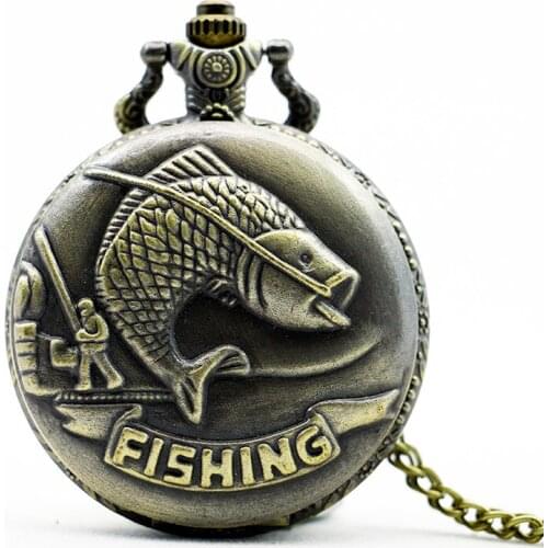 PB381 Vintage Gifts Fish Pattern Pocket Watch Quart Chain Necklace Bronze Full Hunter