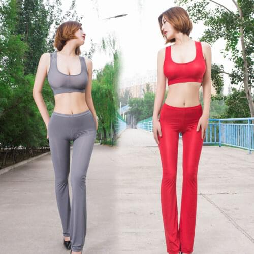 Sexy Women Ice Silk Shiny See Through Flare Pants Glossy Solid Transparent Pants lossy Pant Low Waist Sexy Pants Plus Size F16