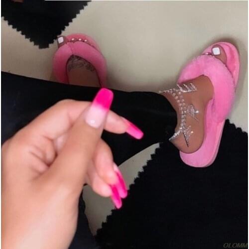 Hot Winter Fashion Women Home Slippers Faux Fur Warm Shoes Woman Slip on Flats Female Fur Flip Flops Pink Plus Size 36-41