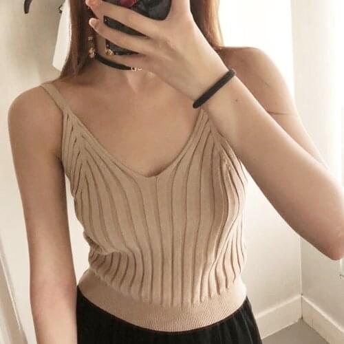 Women Sexy Sleeveless Crop Tank Top Ribbed Knit Spaghetti Strap Camisole Deep V-Neck Solid Color Basic Elastic Slim Vest