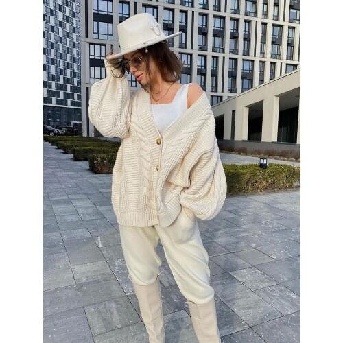 COKAGO Hemp Flower Women Knitting 2-pieces Sweater Suit V-neck Single-Breasted Cardigan + Pants Winter Tracksuit Sweater Set