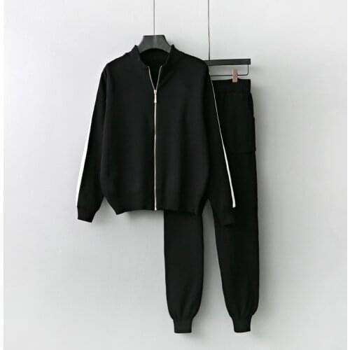 Womens knitted sweater two-piece set autumn new style fashion zipper casual slim coat pants suit 2 piece set women
