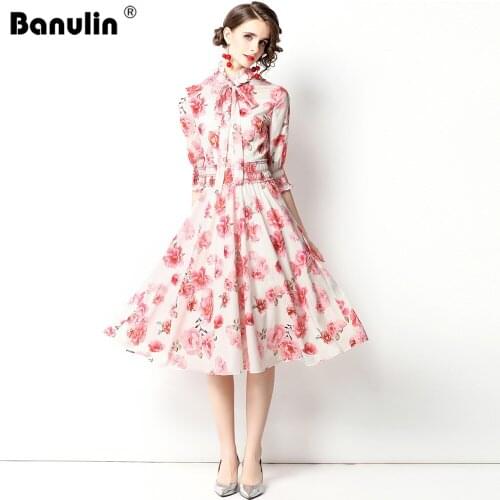 Banulin 2021 Summer Runway Fashion Vintage Style Bow Neck Short Sleeve Floral Printing Chiffon Holiday Women Dresses N76661