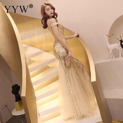 Gold Sequined Luxury Women Evening Dresses Off Shoulder Backless Lace Up Sexy Robe De Soiree Mesh Elegant Mermaid Party Vestidos