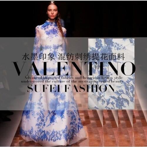 140cm wide blue embroidered flower white fabric for autumn and winter dress clothing