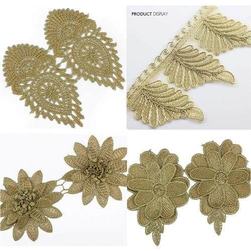 2yard Gold Metallic Lace Emroidery Ribbon Trim Motif Crochet Cord Venice Applique Sewing Accessories T1519