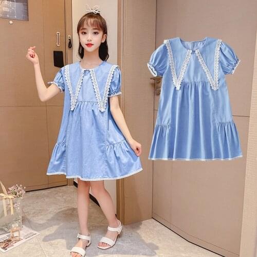 2021 Girls Loose Dress Short Sleeve Summer Kids Dresses for Girl Navy Bowtie Princess Dress Elegant Childrens Clothing 3-14Y