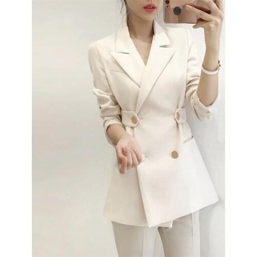 2021 Fashion Elegant Business Youth Workwear Casual White Black Women Jacket Outerwear Cotton Long Sleeve V-Neck Women Suit