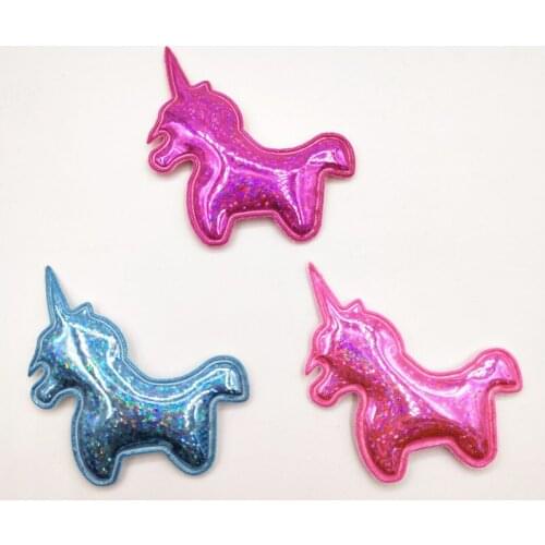 40Pcs Shinng Laser PU Fabric Padded Patches Glittering Unicorn Appliques for Crafts Clothes Sewing Supplies DIY Hair Bow Decor