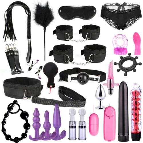26 PCS Adults Sex Toys For Women Men Handcuffs Nipple Clamps Whip Spanking Sex Metal Anal Plug Vibrator Butt Bdsm Bondage Set