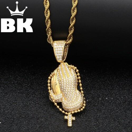 THE BLING KING Custom Hands With Cross Pendant Necklace Hip Hop Full Iced Out Cubic Zirconia gold sliver CZ Stone