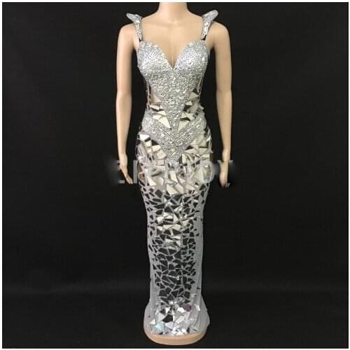 Women Birthday Bright Sexy Costume Celebrate Bling gold Mirror Dresses Shining Silver Sequins Rhinestone Dress