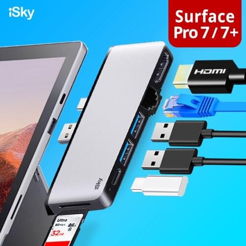 ISky for Microsoft Surface Pro7 Hub Adapter Docking Station HDMI-compatible RJ45 LAN USB3.0 USB-C SD TF Surface Pro Hub SP7