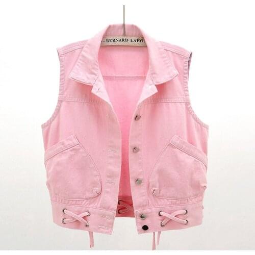 Pink white strings denim vest 2020 spring summer NEW women sleeveless denim vests Korean fashion plus size waistcoat 3XL JC231