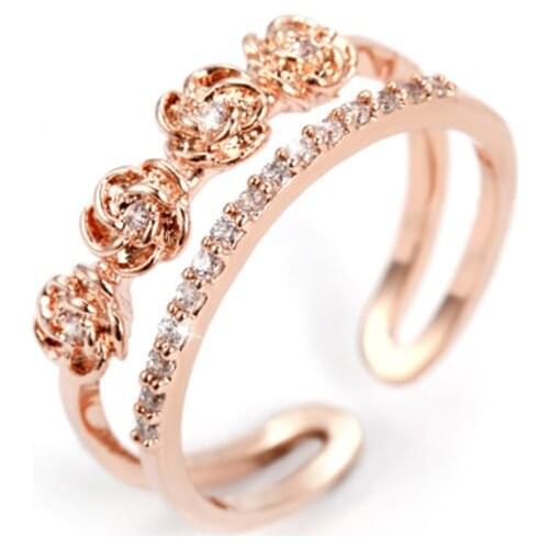 Korean version of the personality temperament fashion two-color double-layer rose opening silver plated rings SA039